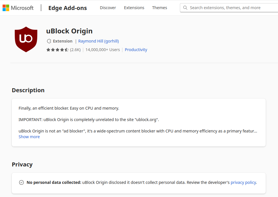 Edge Add-Ons Screenshot des Edge Add-ons Shops