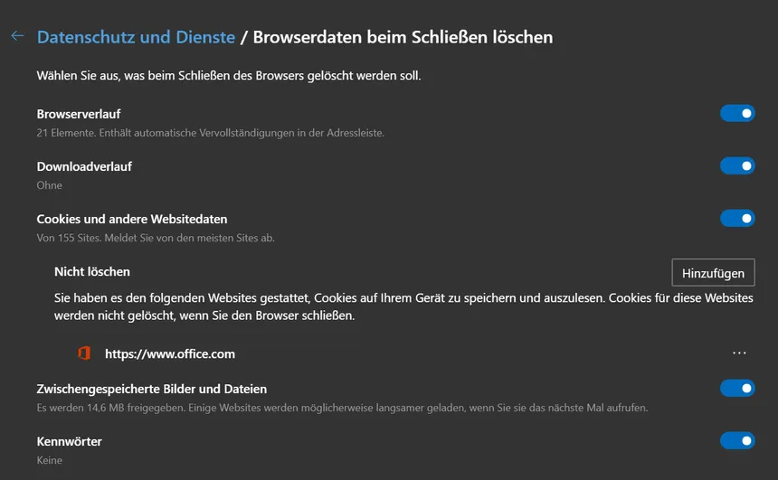 Edge clearing settings Screenshot der Browsereinstellungen zum Löschen der Cookies beim Schliessen des Browsers in Edge