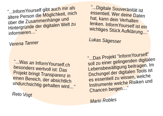 Ausschnitte aus vier Testimonials von Reto Vogt, Verena Tanner, Mario Robles und Lukas Sägesser