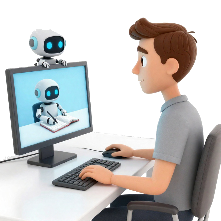 Cartoon von jungem Mann an einem PC. Aus dem Monitor unv von oberhalb des Monitors schaut ihn ein kleiner Roboter an, der Notizen über ihn macht
