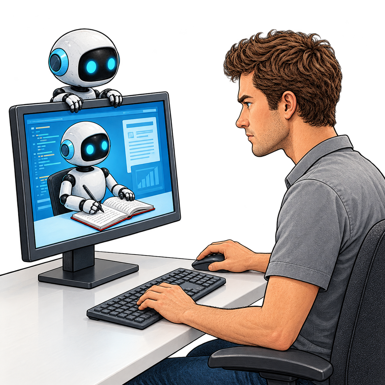 Cartoon von jungem Mann an einem PC. Aus dem Monitor unv von oberhalb des Monitors schaut ihn ein kleiner Roboter an, der Notizen über ihn macht