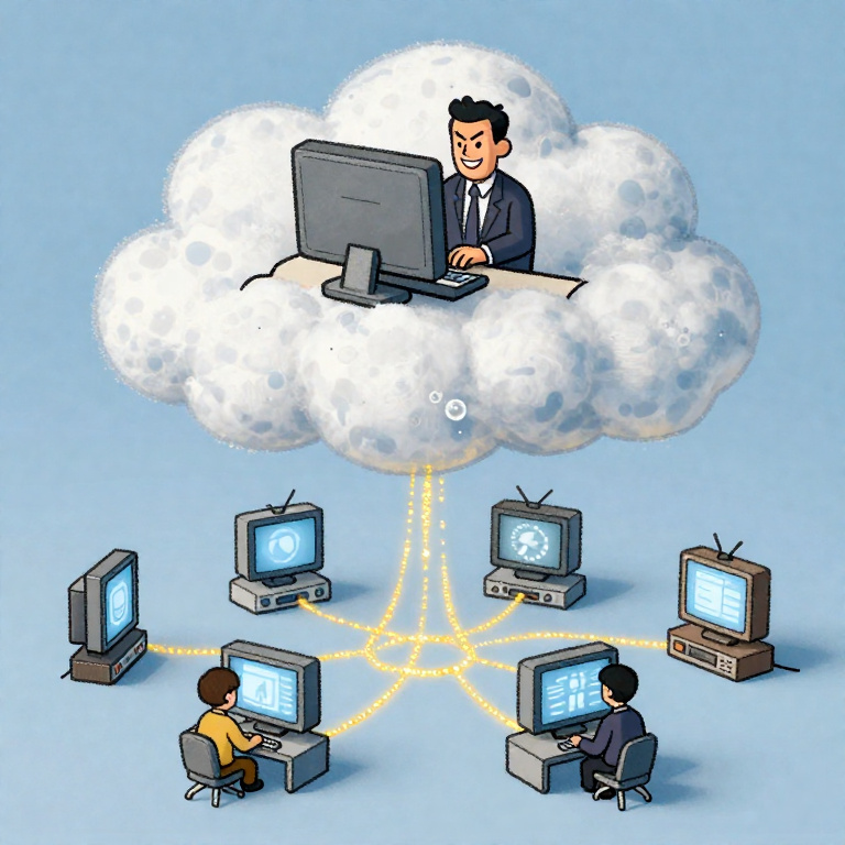 Cartoon eines Mannes in der Cloud, der über einen Monitor viele PC und deren Anwender überwacht