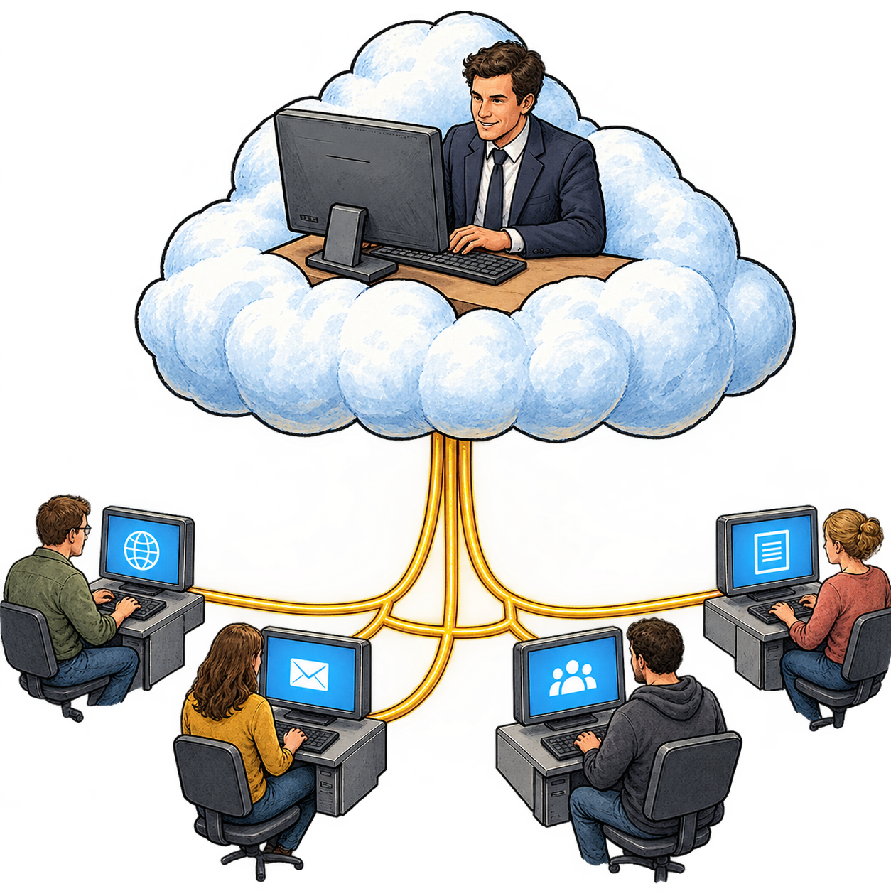 Cartoon eines Mannes in der Cloud, der über einen Monitor viele PC und deren Anwender überwacht
