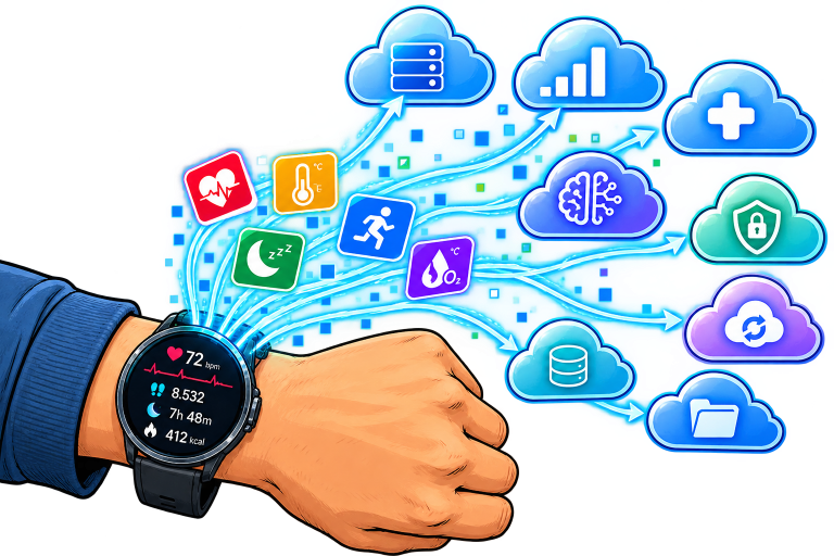 Cartoon grosse Smartwatch mit kleinem Jogger dessen Daten gesammelt werden