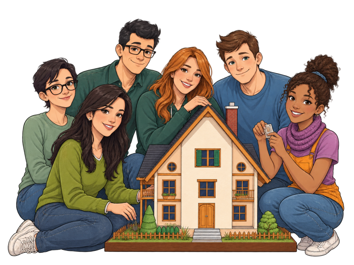 Gruppe diverser Menschen um ein Modellhaus - Cartoon