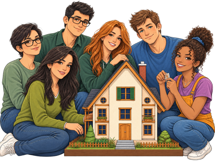 Gruppe diverser Menschen um ein Modellhaus - Cartoon