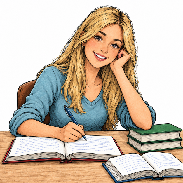 Cartoon junge Frau zufrieden mit vielen Büchern an einem Tisch