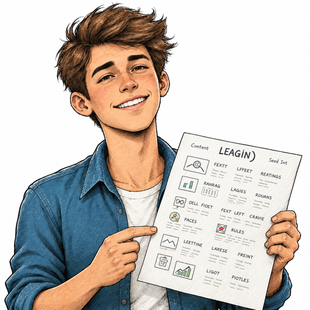Cartoon von lächelndem jungem Mann mit Fact-Sheet in der Hand