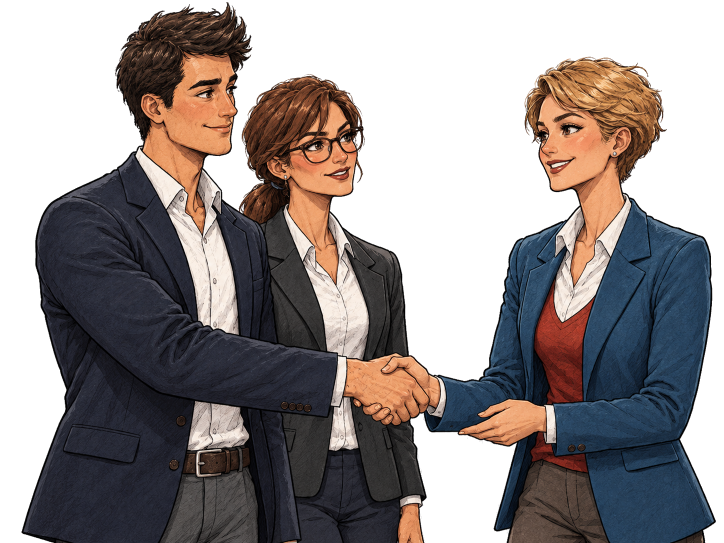 Cartoon zwei Frauen und ein Mann begrüssen sich