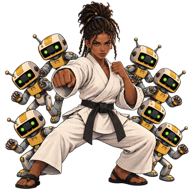 Cartoon junge dunkelhäutige Frau in Karate-Kampfpose greift kleine Roboter an
