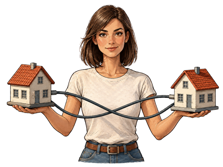 Cartoon junge Frau mit über Kabel verbundenen Modellhäusern.