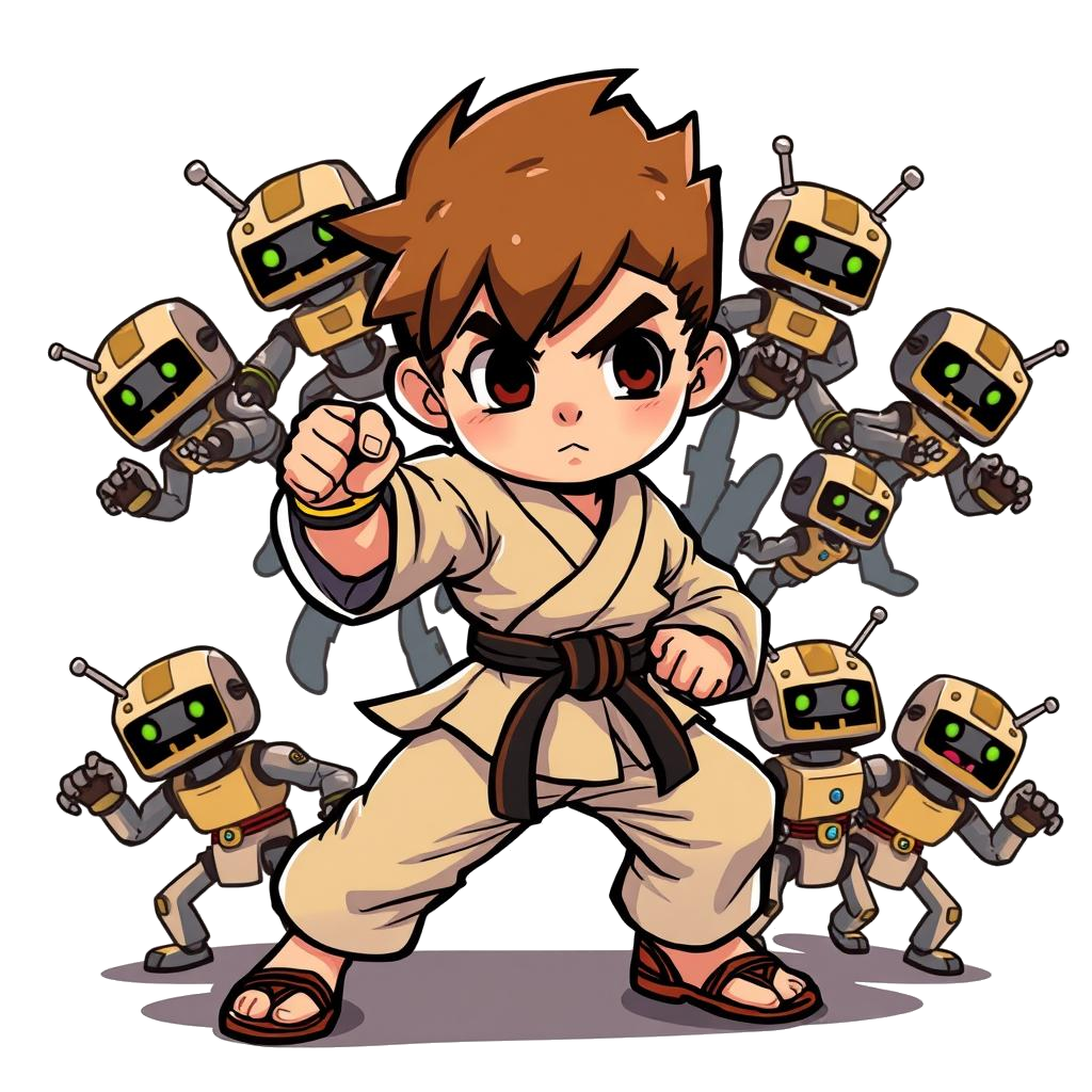 Cartoon eines Jungen im Judo-Kampfpose der von vielen kleinen Robotern umgeben ist, die ihn angreifen wollen.