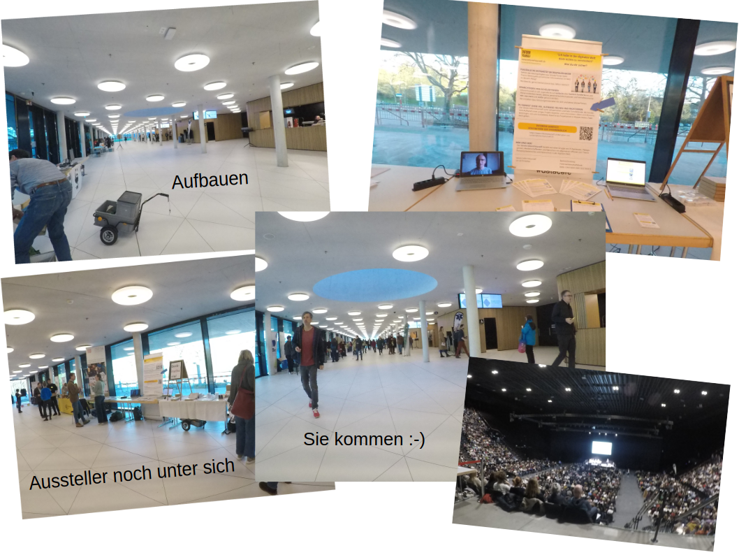 Collage mit Fotos vom Aufbau von Tischständen in der St. Jakobs-Halle in Basel bis zum Überblicksfoto der Gesamtkonferenz