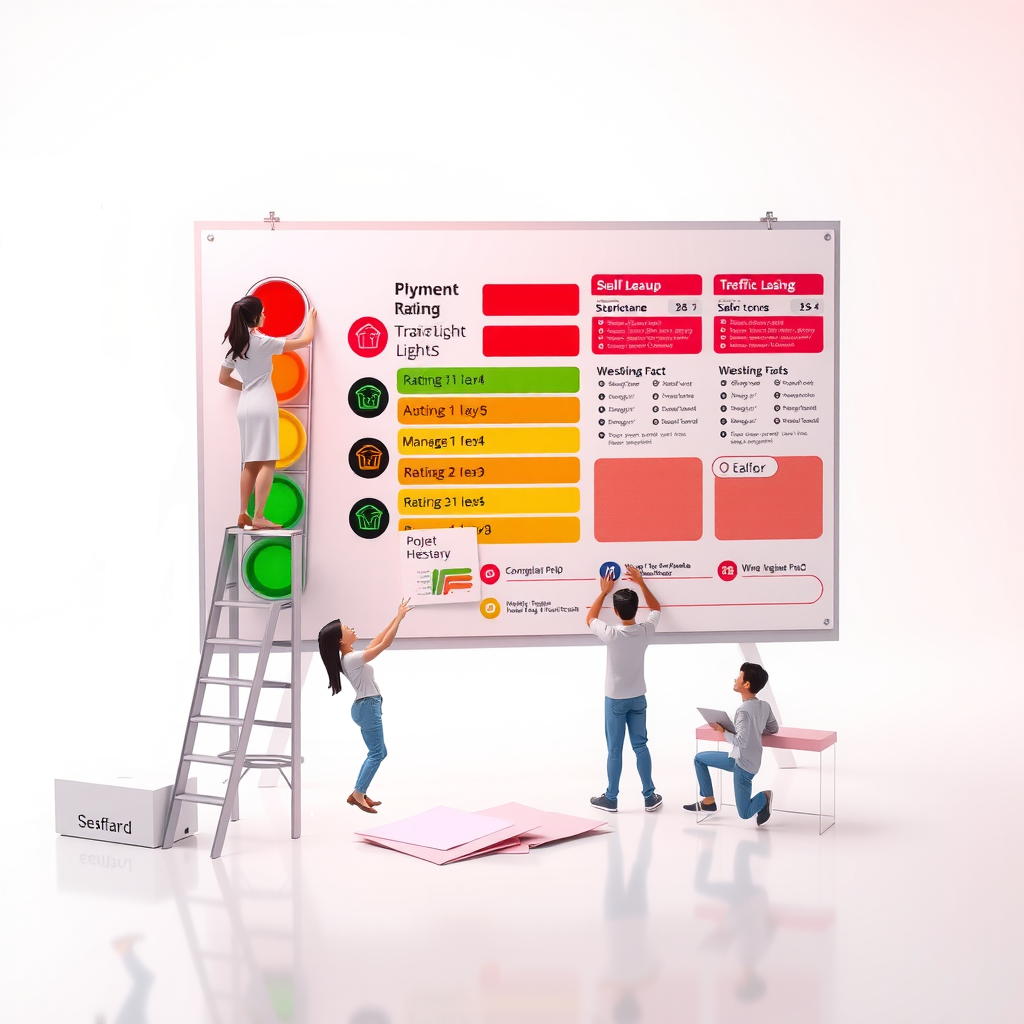 Zwei Frauen und zwei Männer, die an einer grossen Tafel Ampelbewertungen und Ratings aufhängen - Cartoon