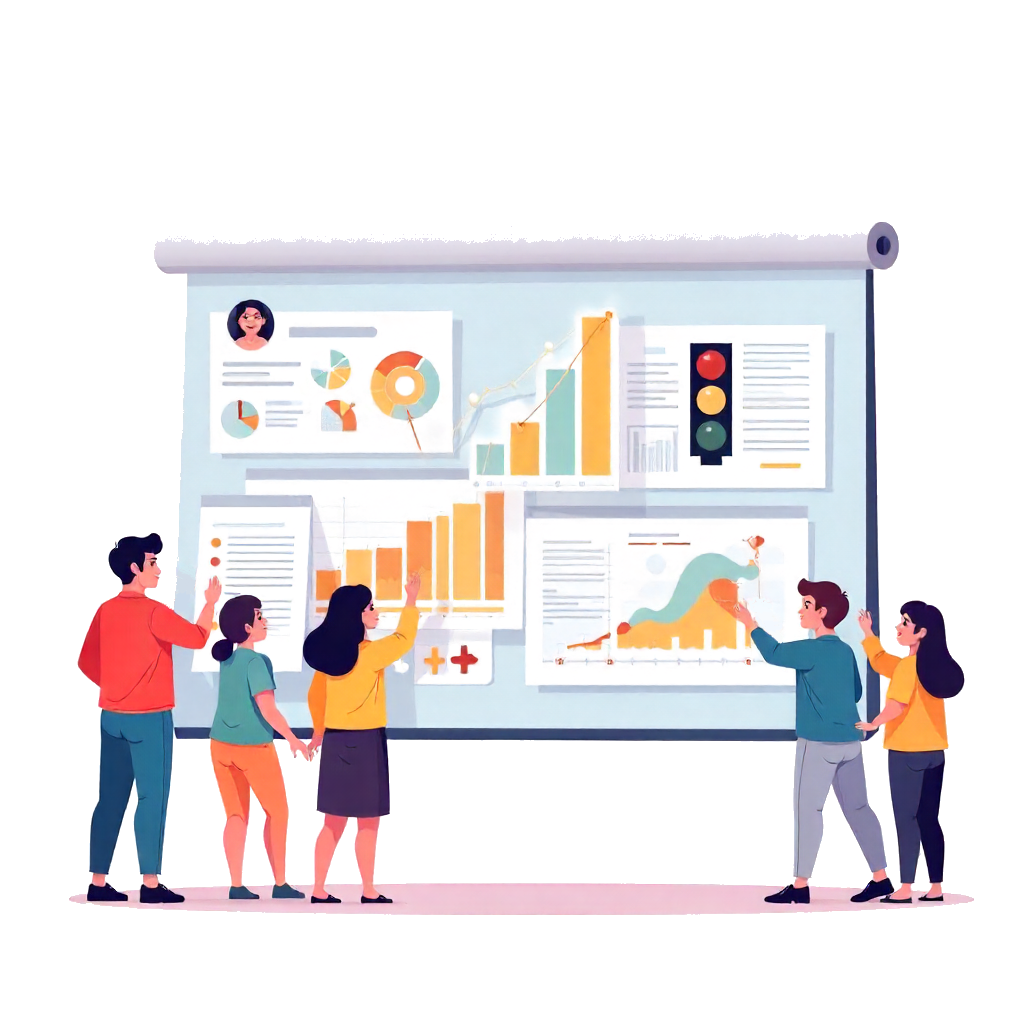 Frauen und Männer bringen an eine grosse Leinwand Grafiken, Ampelbewertungen und Texte an - Cartoon