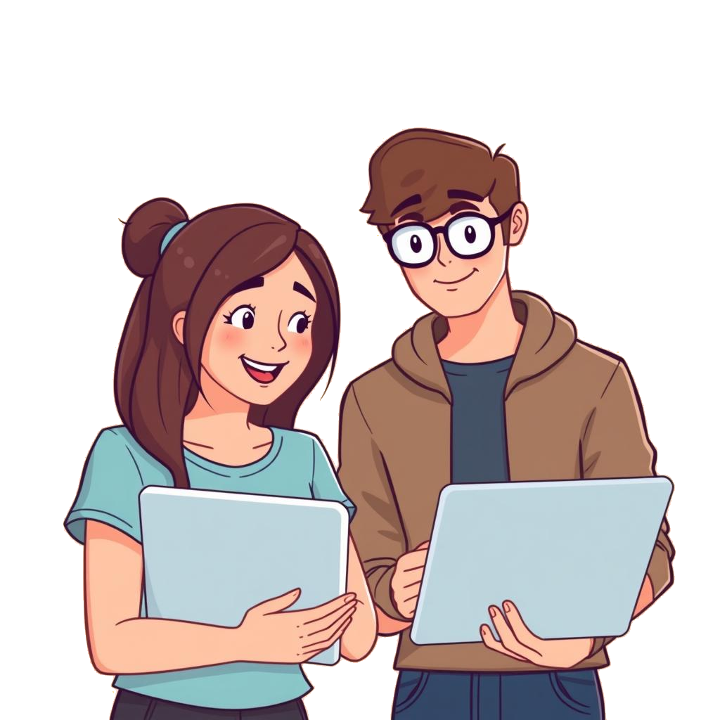 Mädchen und Junge mit Tablets in den Händen unterhalten sich und verstehen, was abgeht. - Cartoon